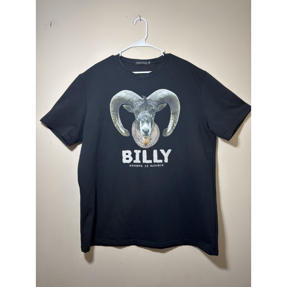 Streetz Iz Watchin Billy Goat Graphic T-Shirt Mens Black Streetwear Ram Head Tee